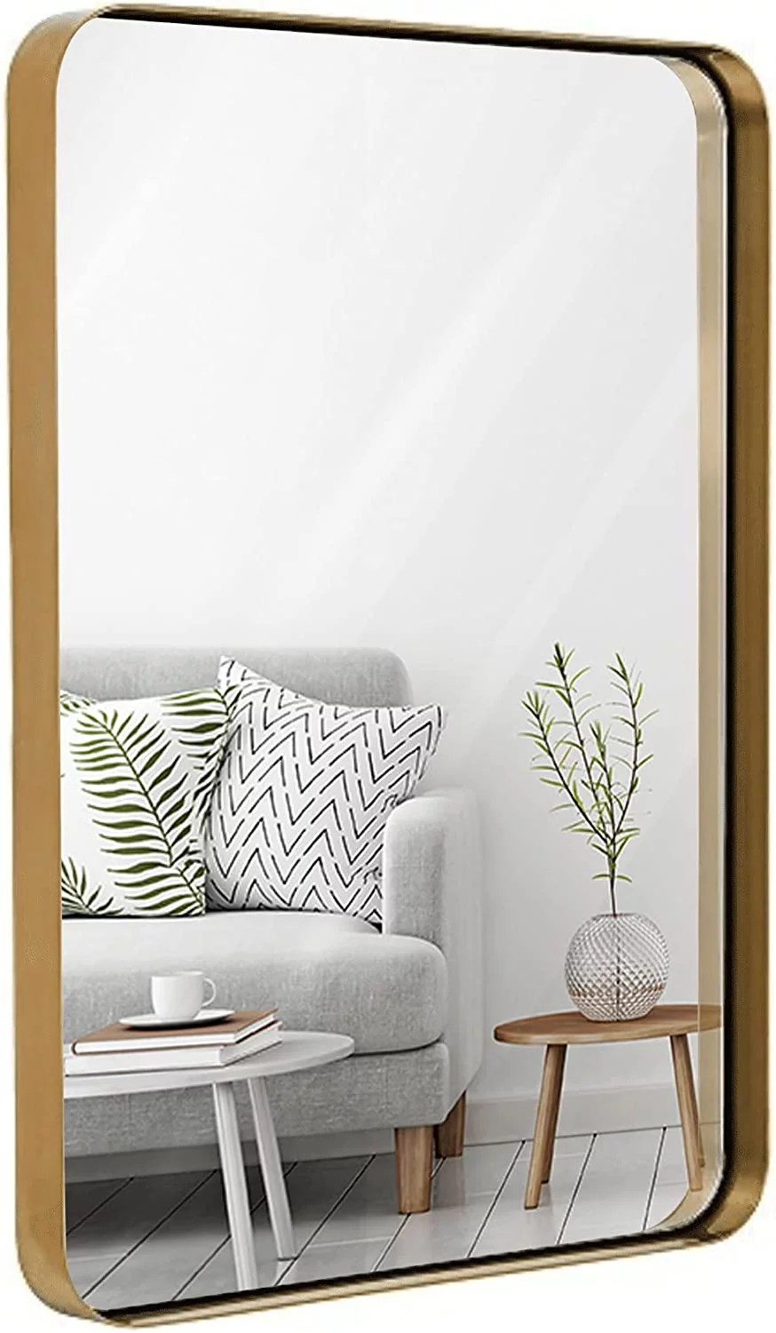 Hamilton Hills Contemporary Brushed Metal Wall Mirror | Glass Panel Gold Framed Rounded Corner Deep Set Design | Mirrored Rectangle Hangs Horizontal or Vertical (24