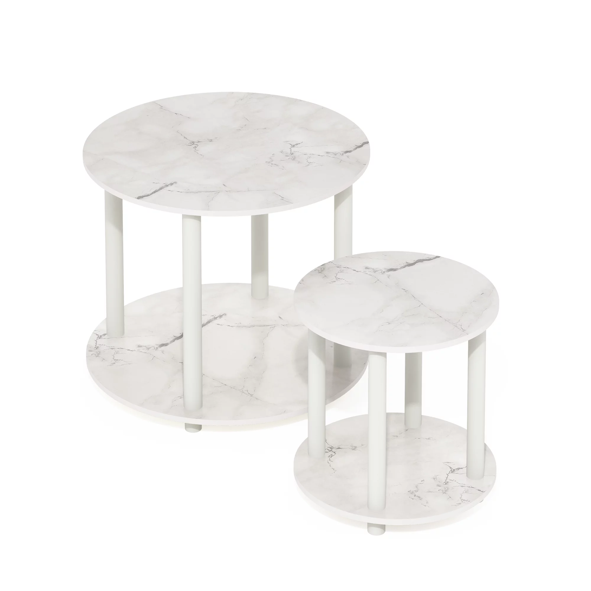 Furinno Turn-N-Tube 2-Tier Round Wooden End Table, Marble White