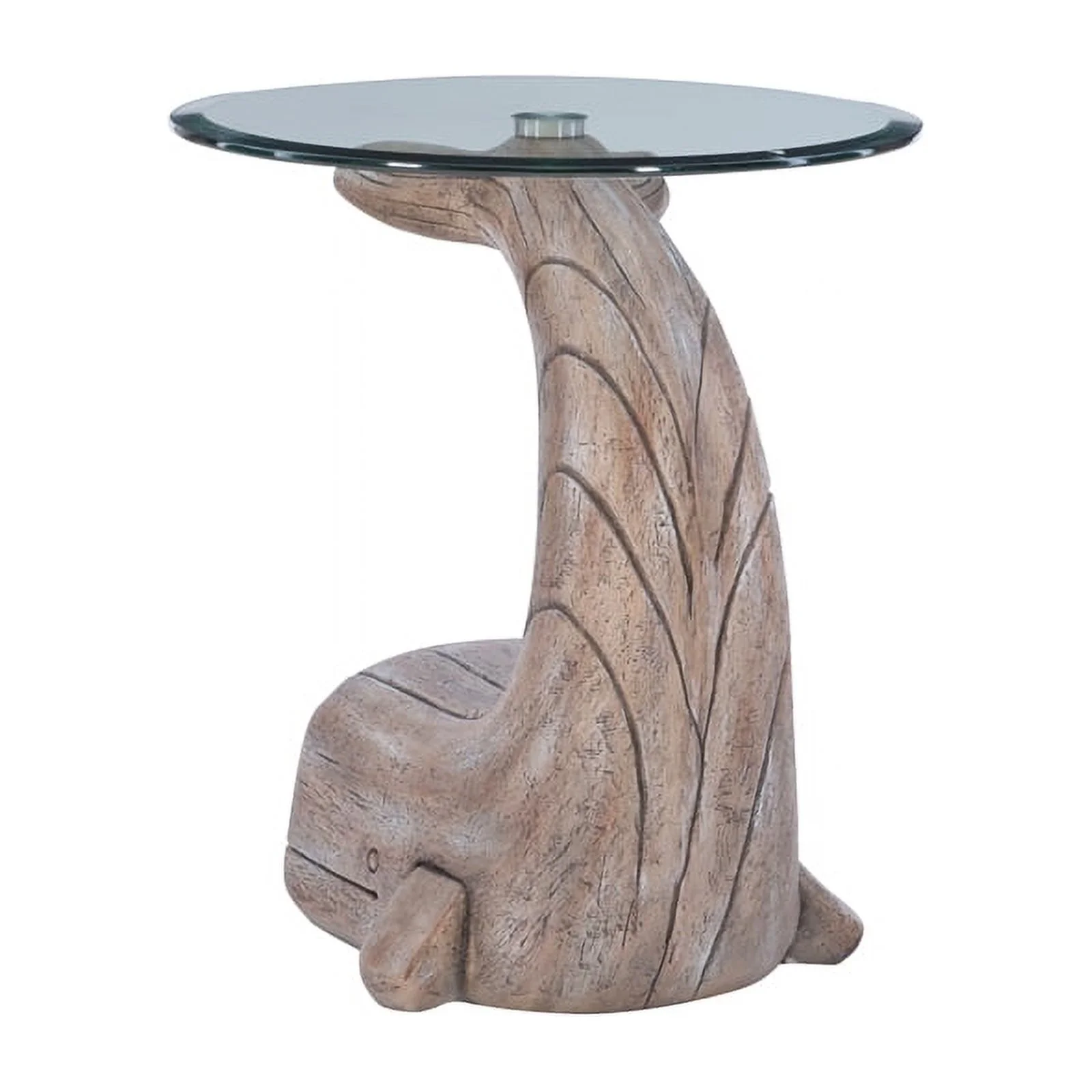 Linon Mabry Whale Sculptured Glass Top Rustic Accent Table in Driftwood Finish
