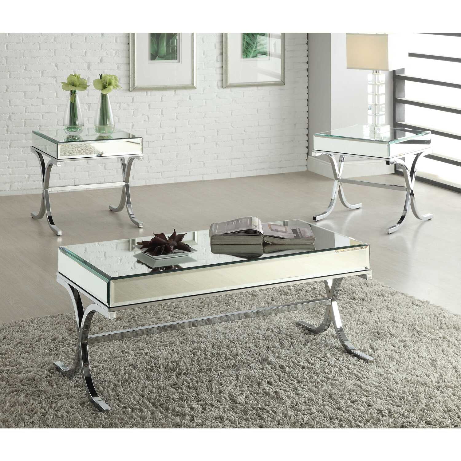 Home Roots Furniture  22 x 21 x 21 in. Mirrored Top Tube End Table - Chrome