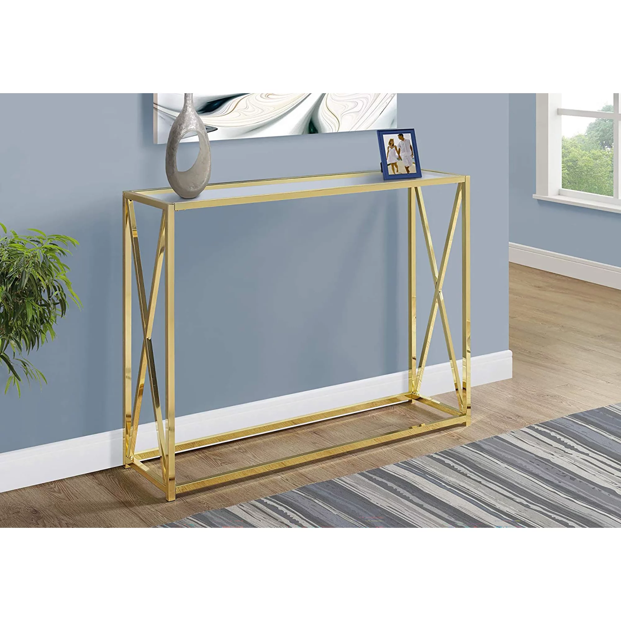 Monarch Specialties 42.25 Inch Modern Glass Top Console Accent Table, Gold