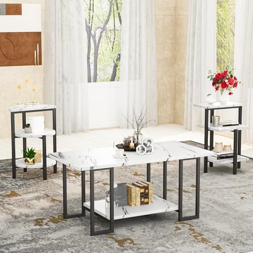AWQM Faux Marble Table Set,Coffee Table & 2 Side Table, Faux Marble Tabletop and Metal Frame, 3 Piece Table Sets, for Living Room Apartment,White & Black