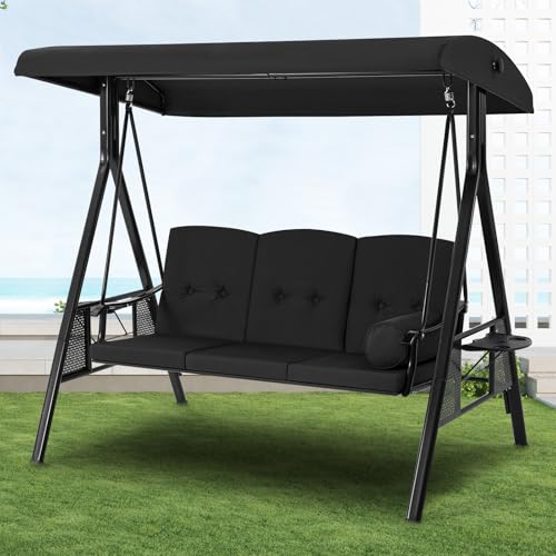 U-MAX Porch Swing Chair with Adjustable Backrest&Canopy, 3 Seat Patio Swing with Canopy 2-in-1 Convertible Outdoor Swing with Canopy Patio Daybed with Removable Brown Cushions for Adults