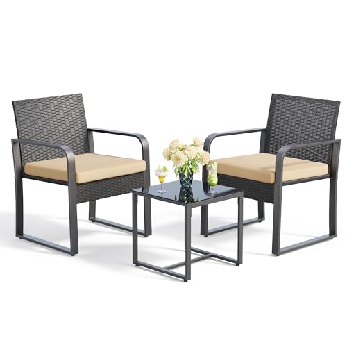 Gizoon 3 Piece Patio Bistro Set, Outdoor Black Wicker Furniture Sets, Modern Rattan Chair Conversation Sets with Coffee Table, for Yard, Garden, Balcony, Poolside, Grey