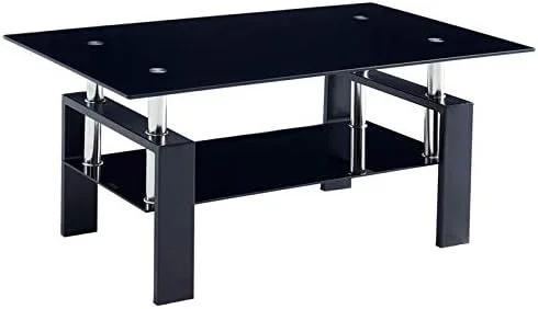 KHBIULIFE 43.3 Inch Rectangle Glass Black Coffee Table  Clear Coffee Table，Modern Side Center Tables for Living Room  with Solid Wooden feet (Black-Round)