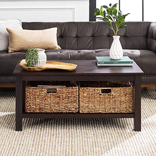 Walker Edison Coastal Black Living Room Coffee Table with Lower Shelf and Faux Rattan Wicker Baskets, 40 Inch