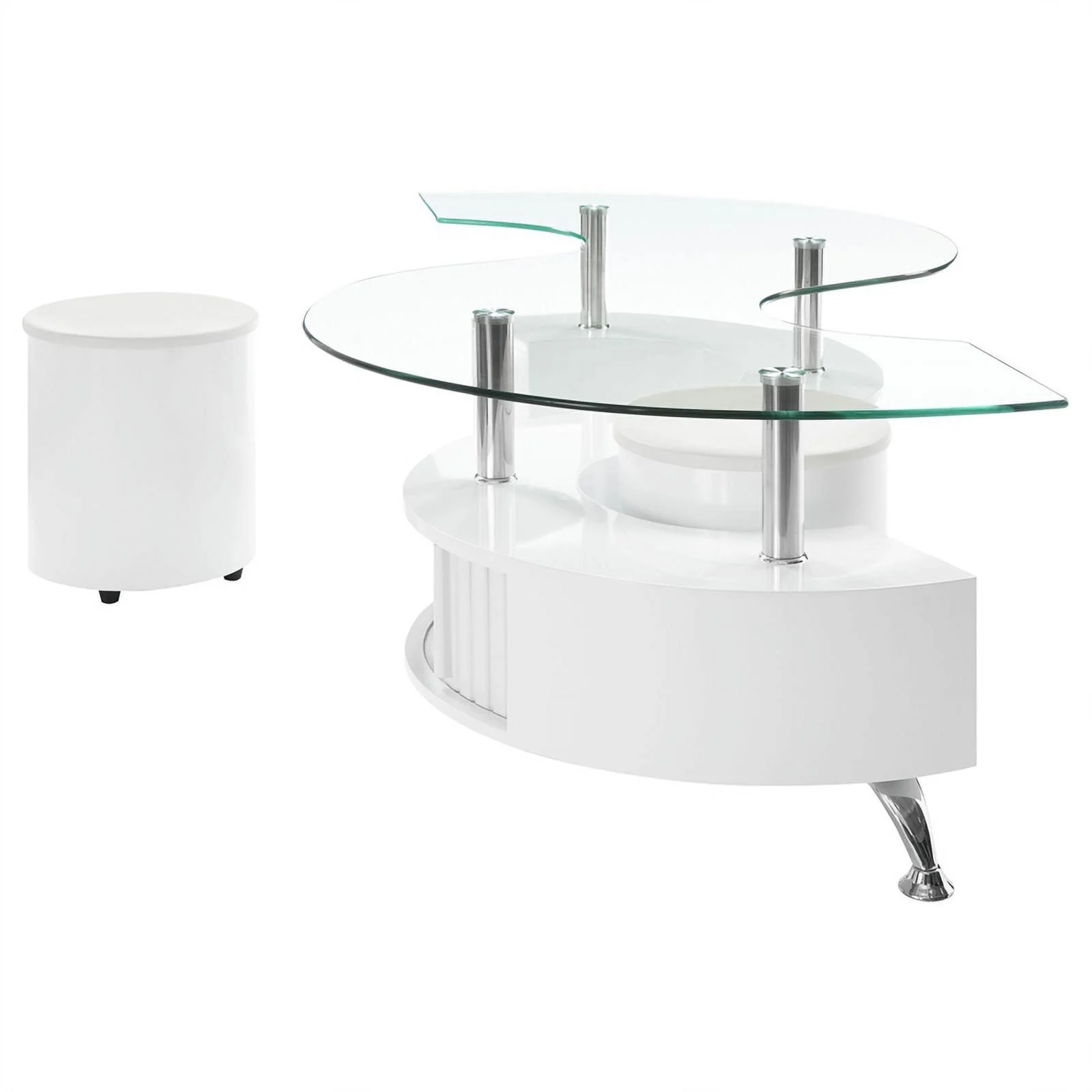 Pemberly Row Wood Curved Glass Top Coffee Table With Stools in White