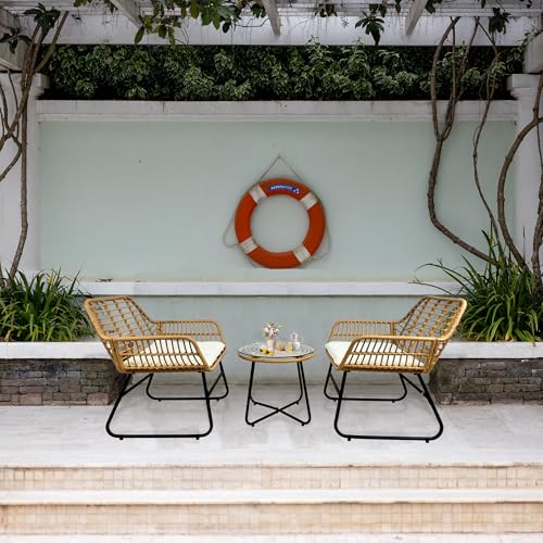 3-Piece Rattan Patio Bistro Set, Indoor/Outdoor Wicker Furniture, 1 Table and 2 Chairs with Washable Grey Cushions for Porch, Garden, Yard and Balcony