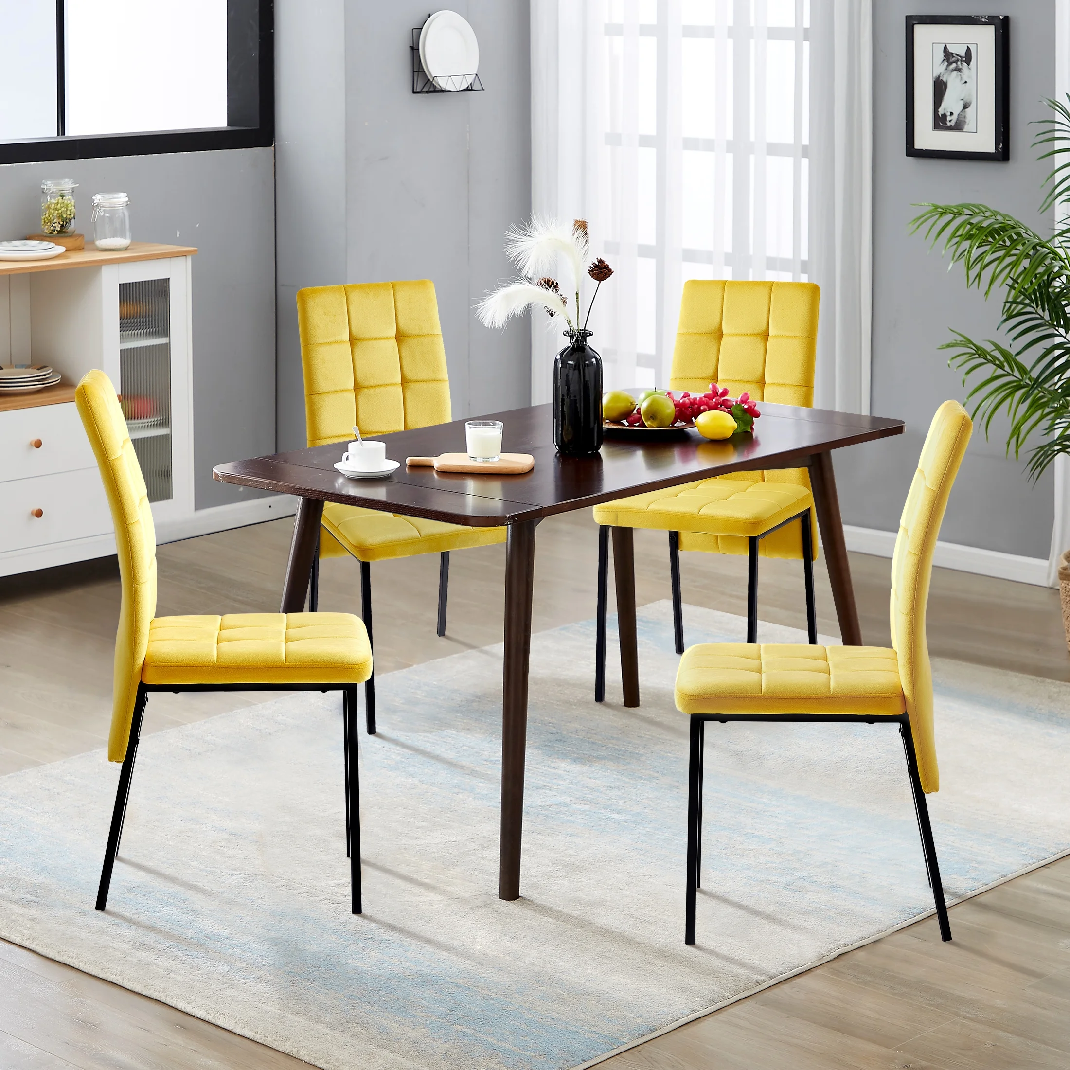 Sedona House Modern High Back Velvet Dining Chairs Set Of 4, Nordic Side Chairs with Golden Legs, Upholstered Velvet Armless Chair for Dining Room Kitchen Vanity Patio, Yellow