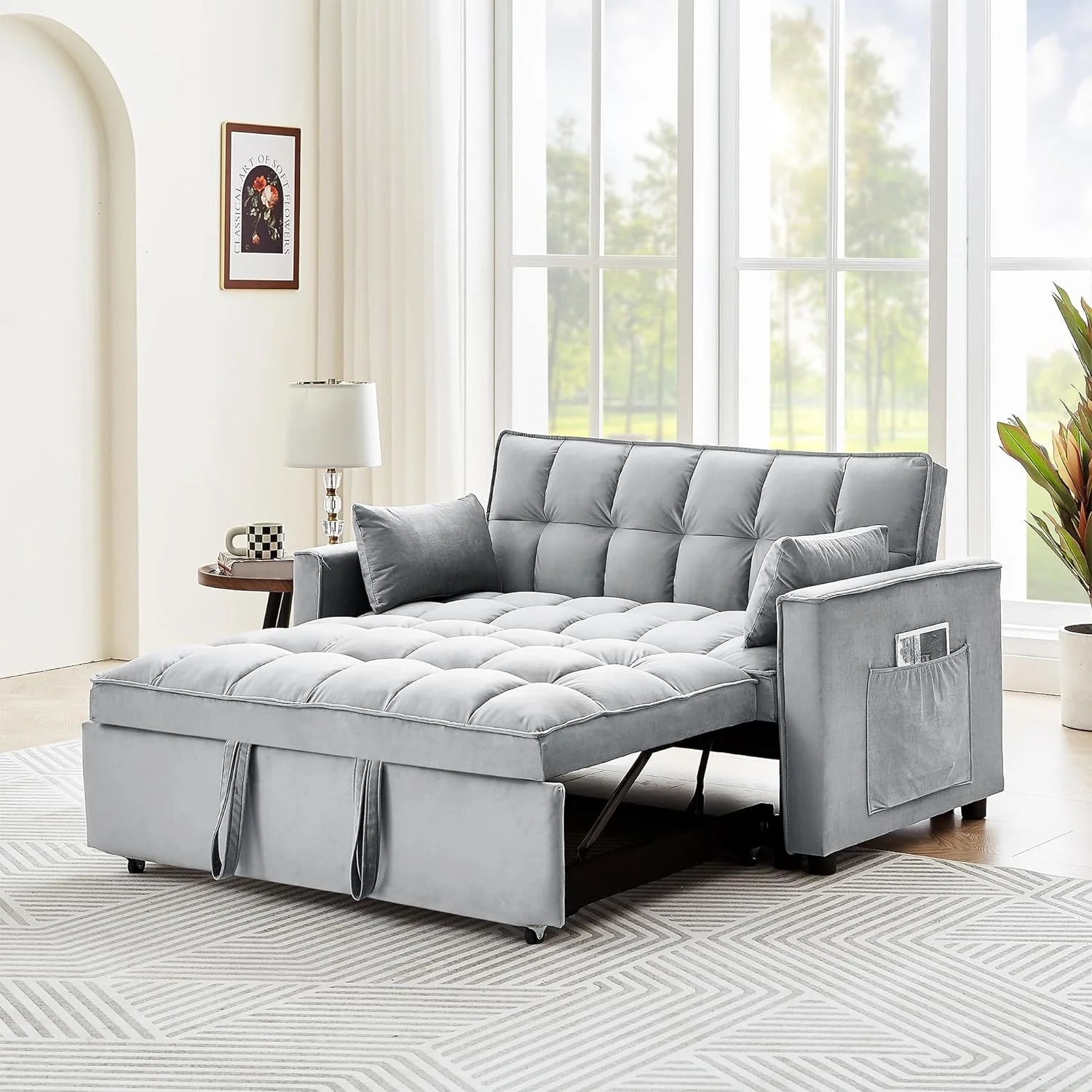 Moder Velve Coverible Sleeper Sofa Bed, 3-I-1 Muli-Fucioal Sleeper Couch Pull-Ou Bed, Lovesea Chaise Louge W/Adjusable Backres For Livig Room, Small Space
