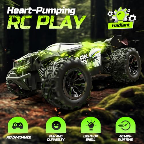 DEERC Remote Control Car with LED Colorful Lights, 1:18 RC Truck for Boys, 2.4Ghz Monster Truck Toy with 2 Batteries, All Terrain Auto Mode Off-Road Race Car, Toys Gifts for Boys Kids Girls