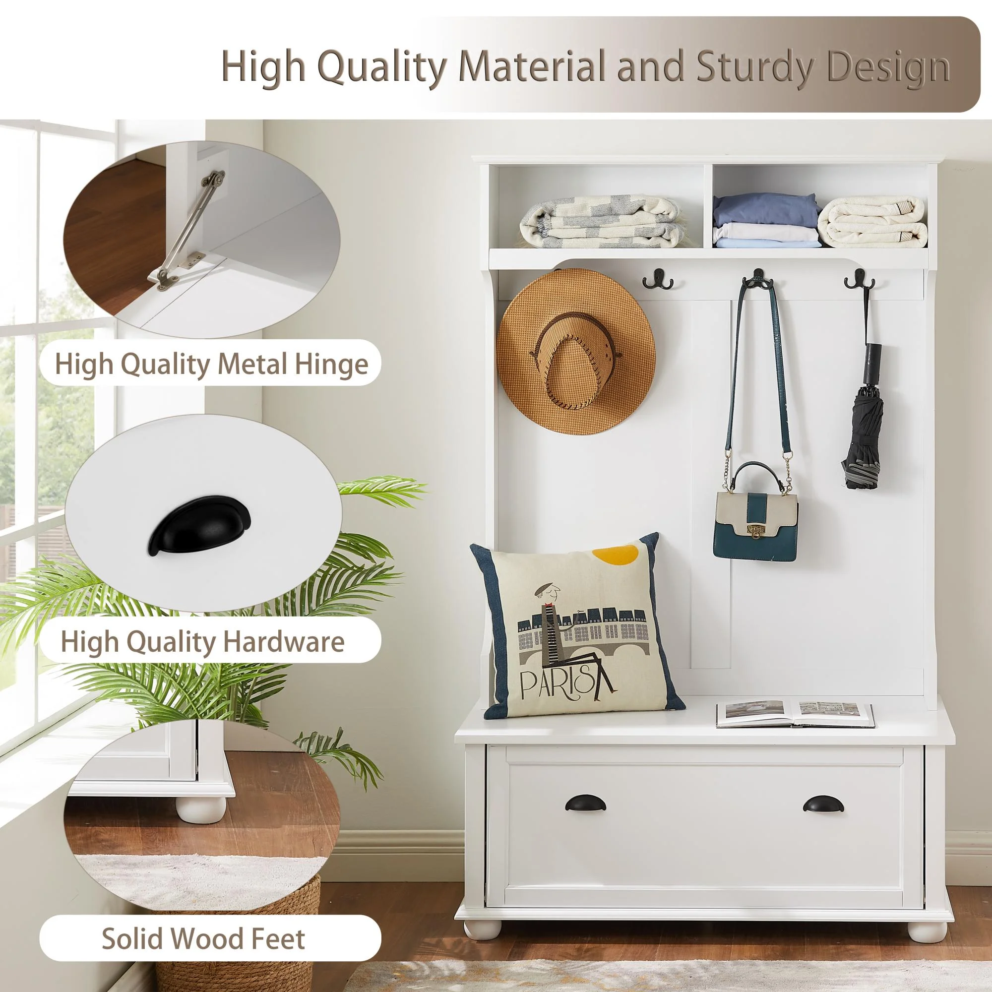 Smuxee Modern Entryway Hall Tree Bench with Coat Rack with Shoe Cabinet, Open Shelf, White