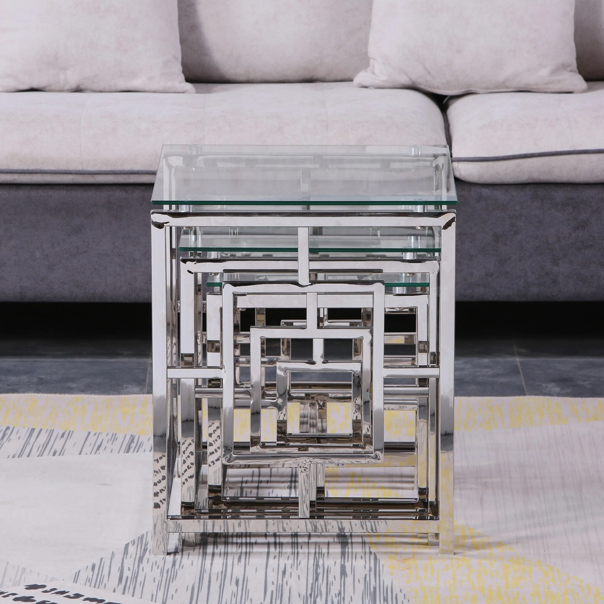 ANDEONLINE IN Set of 3 Metal Nesting Tables Glass End Tables