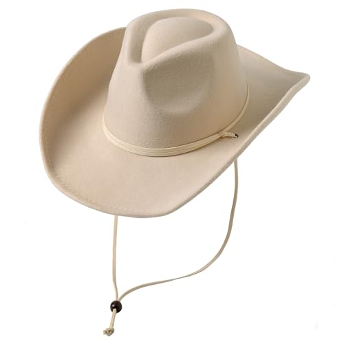 Lanzom Women Men Retro Felt Wide Brim Western Cowboy Cowgirl Hat Dress Up Hat with Wind Lanyard