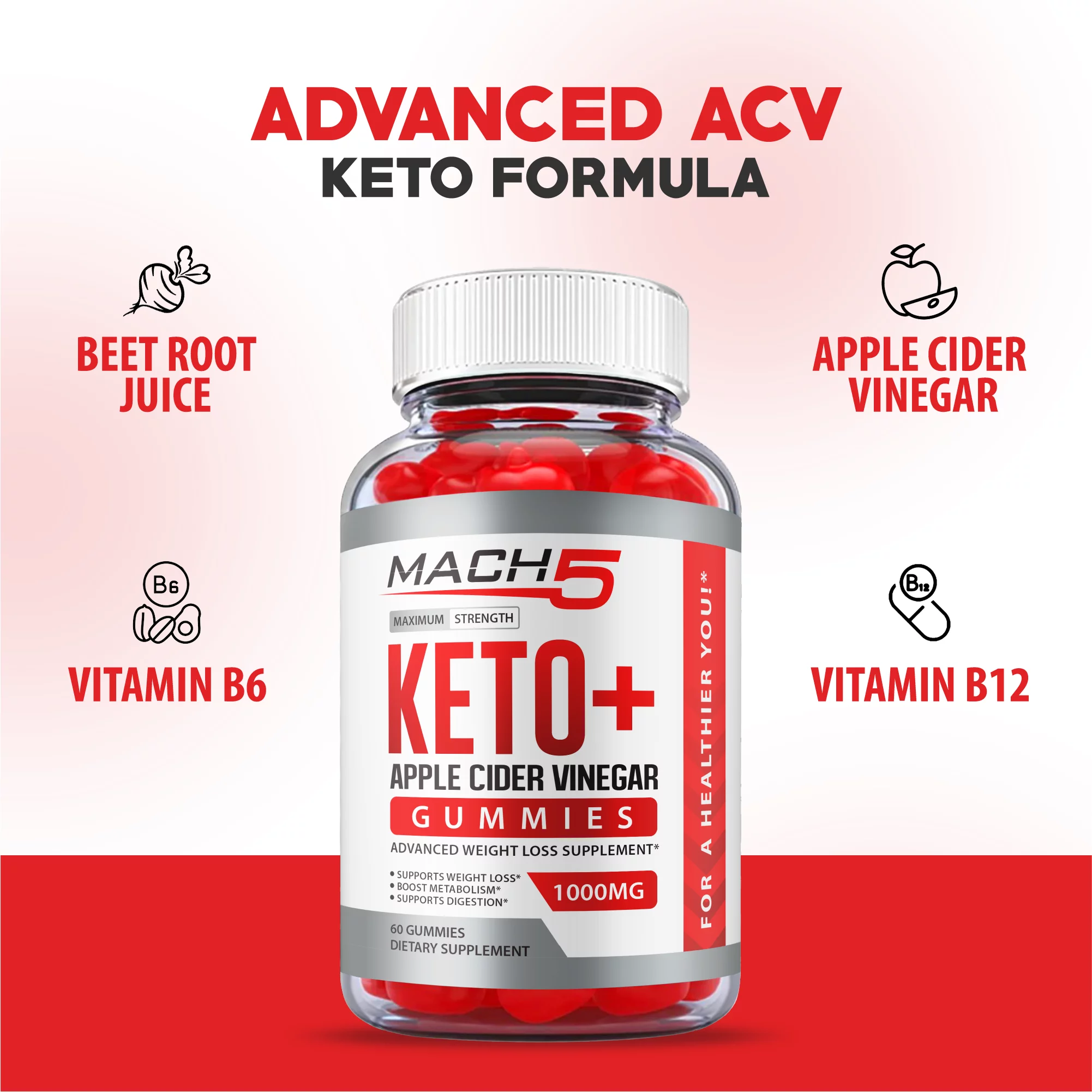 (2 Pack) Mach5 ACV Keto Gummies Apple Cider Vinegar Vegan 120 Gummies