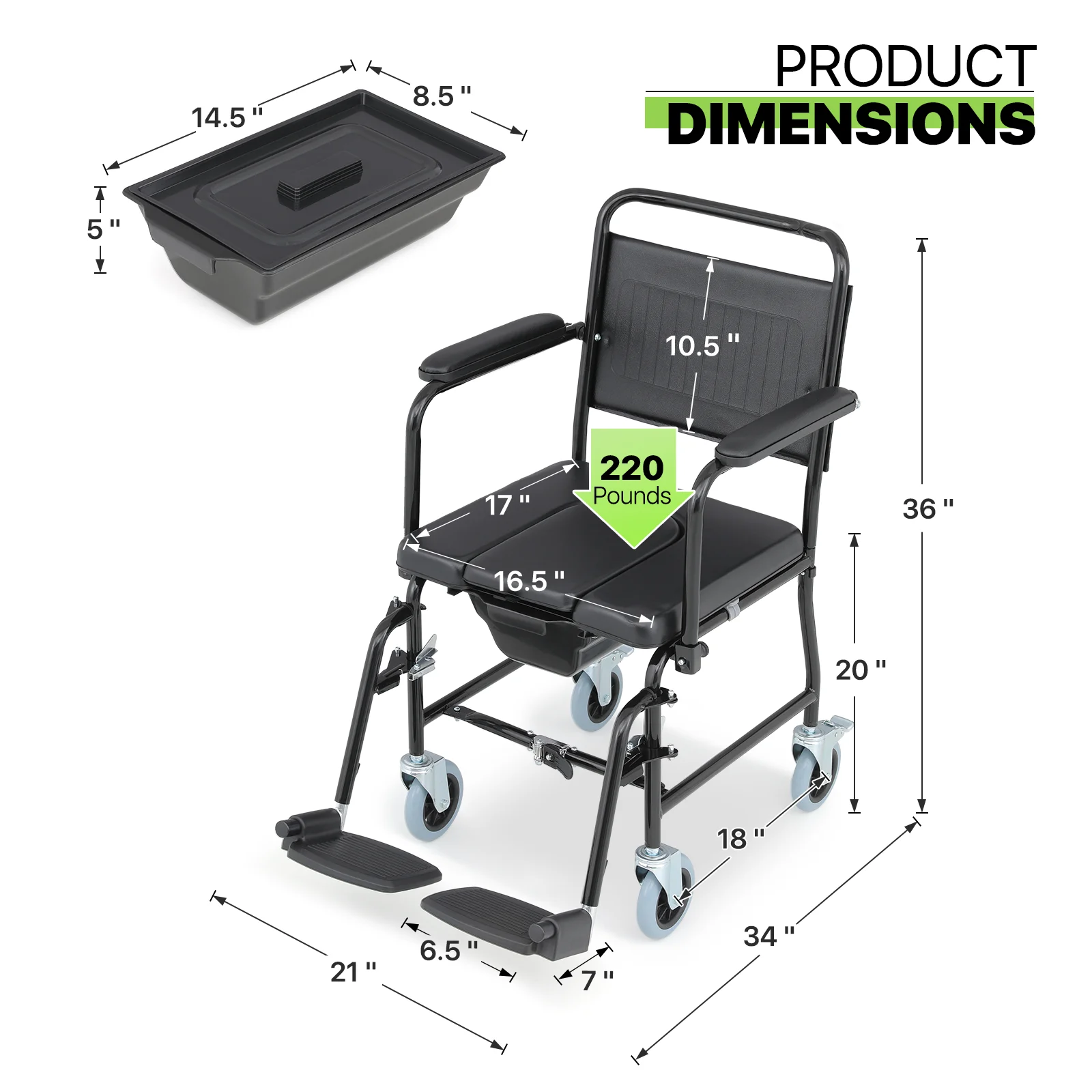Magshion Multi-Function Transport Commode Chair with Flips Up Armrests and 2 Locking Wheels, Up To 220 lbs