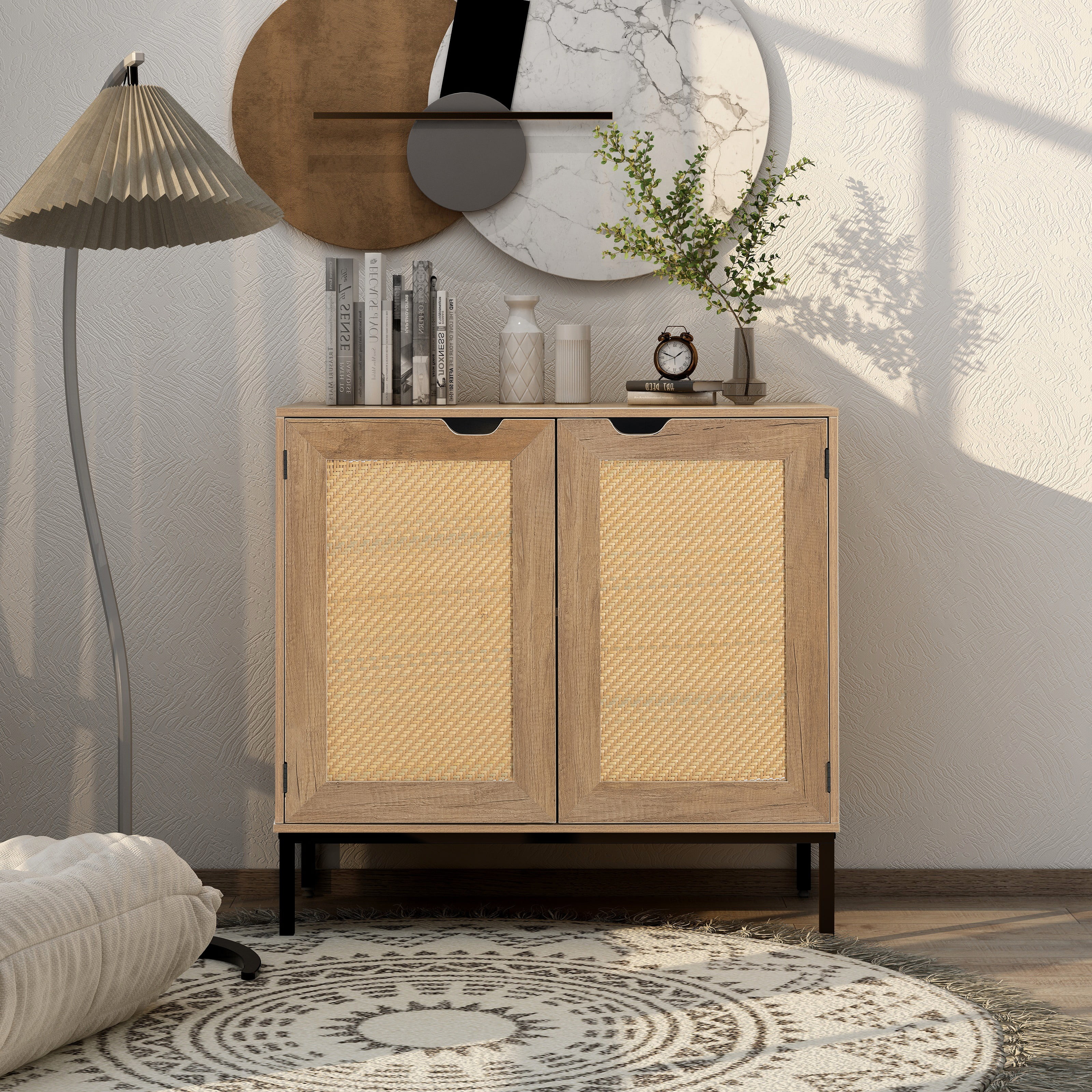 Mid-Century Rustic Sideboard with Rattan Doors - Natural Wood Accent Cabinet for Living Room