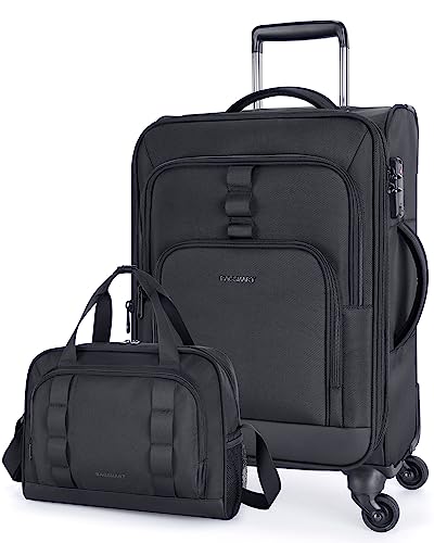 BAGSMART Expandable 20 inch Carry on Luggage Airline Approved, Lightweight Carry on Suitcase with Spinner Wheels, Family Travel Suitcase Set with Duffle Bag-Black