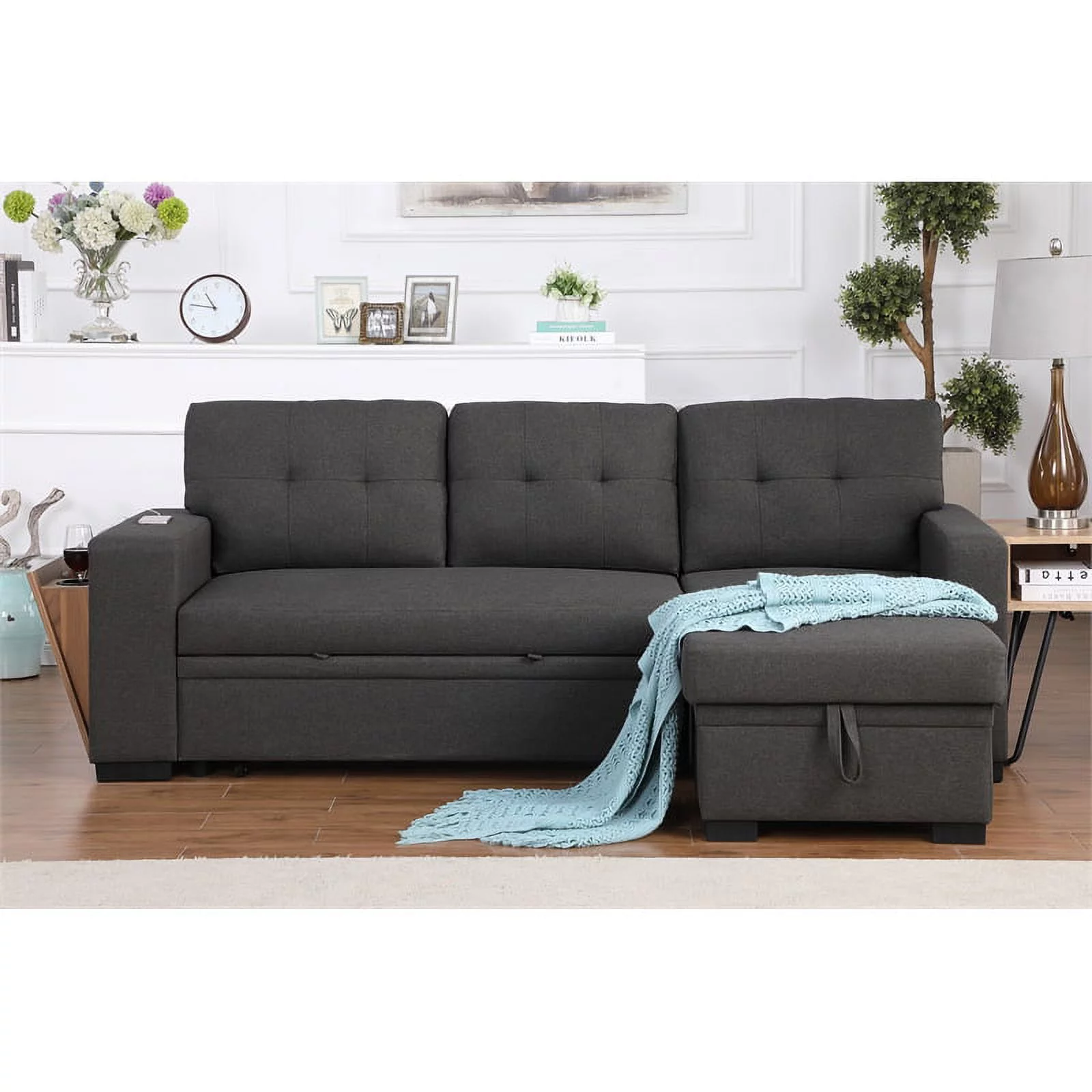 Pemberly Row Fabric Reversible Side Compartment Sectional Sofa Bed - Dark Gray