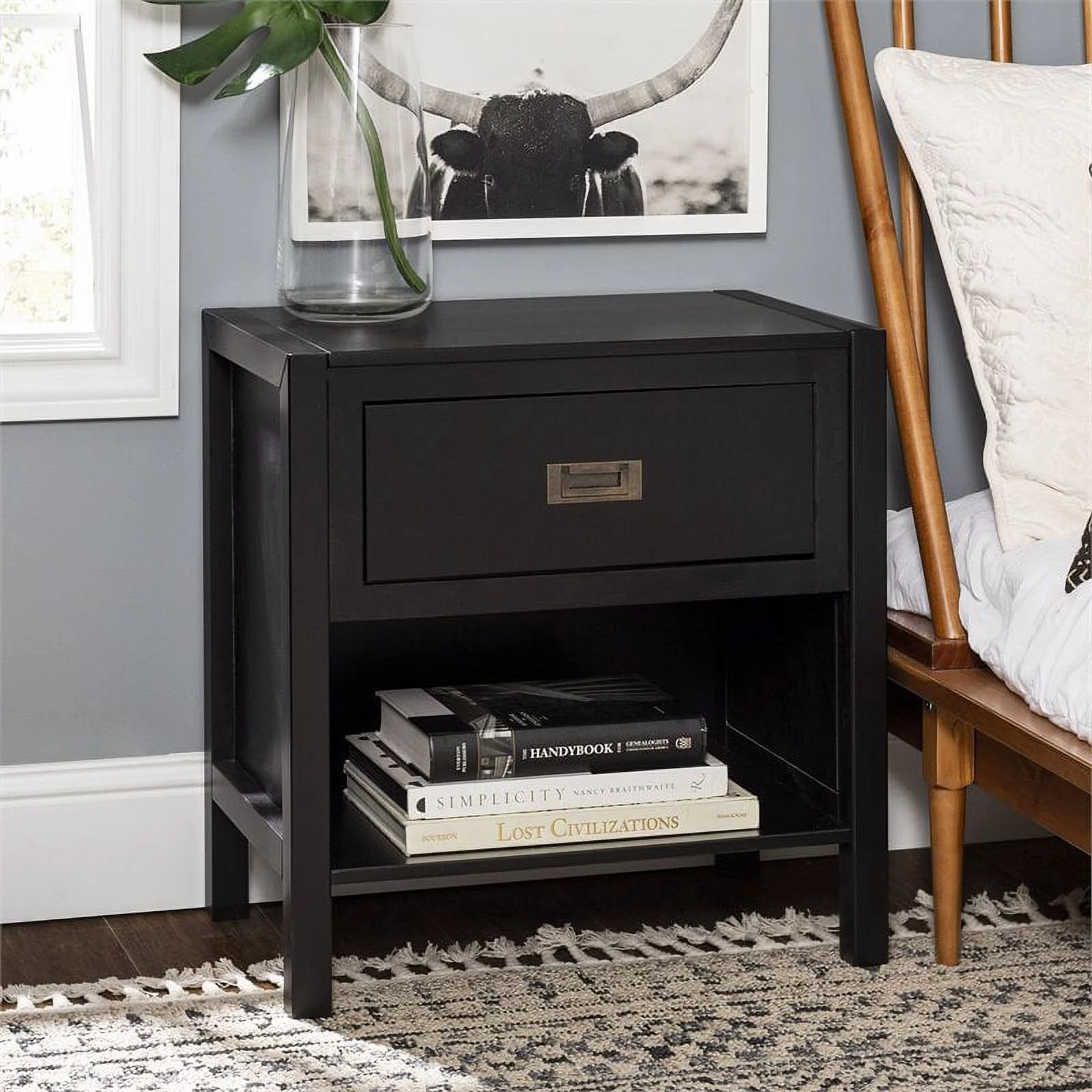 Lydia 2-Piece 1-Drawer Classic Solid Wood Bedroom Nightstand Set in Black