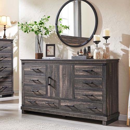 RedLemon Farmhouse 8 Drawers Dresser for Bedroom, Wood Large Chest of Drawers with Thick Plank, Rustic Dresser for Bedroom, Living Room, Dark Rustic Oak