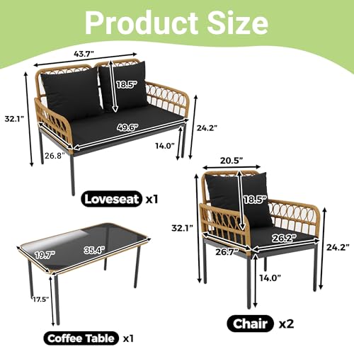 Wicker 3 Pieces Patio Bistro Sets Outdoor Conversation Sets with Glass Top Side Table and 2 Modern Rattan Chairs, Patio Furniture Set for Apartment, Backyard, Porch, Balcony, Lawn （Beige）