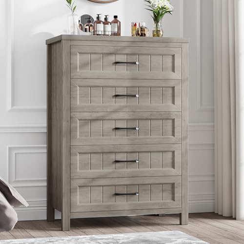 5 Drawer Dresser for Bedroom, Farmhouse Dresser with Deep Drawers, Tall Grey Dresser Wooden Dresser Chest of Drawers for Living Room, Hallway, Entryway (Grey, 5 Drawer)