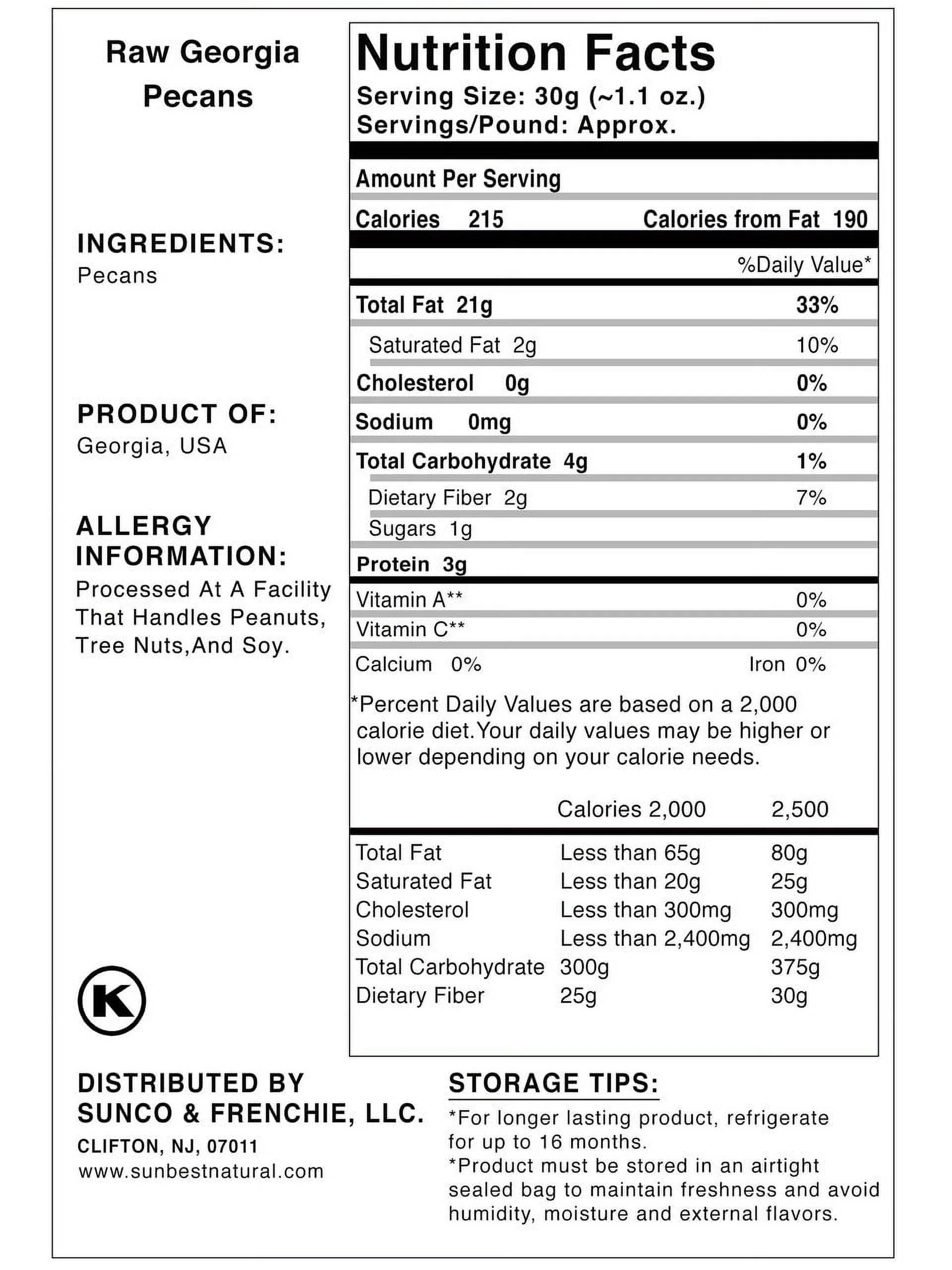 SUNBEST NATURAL Fancy Georgia Raw Pecan Halves, Raw, Unsalted, No Shell, Resealable, 3 lb. Bag