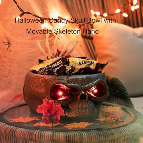2026 New Halloween Candy Skull Bowl with Movable Skeleton Hand - Light up Halloween Candy Bowl - Scary Snack Dish with Glowing Lights for HalloweenParty Decoration (Orange)