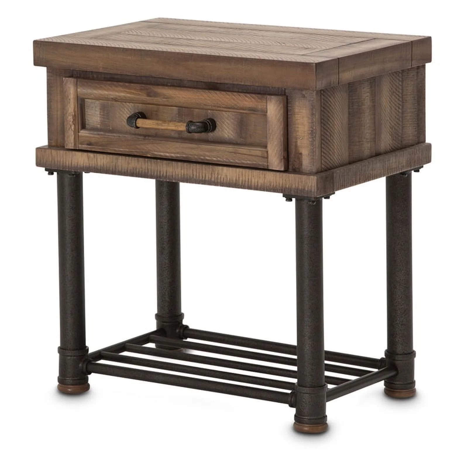 Michael Amini Crossings Wood & Metal Side Table w/ Drawer in Barn Brown