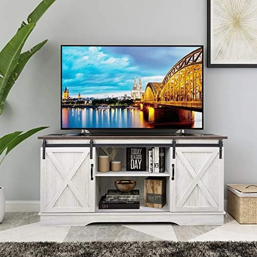 YZboomLife TV Stand   Cabinet with Sliding Barn Doors and Adjustable Shelves  Modern 28\u201DH  Rustic Wood
