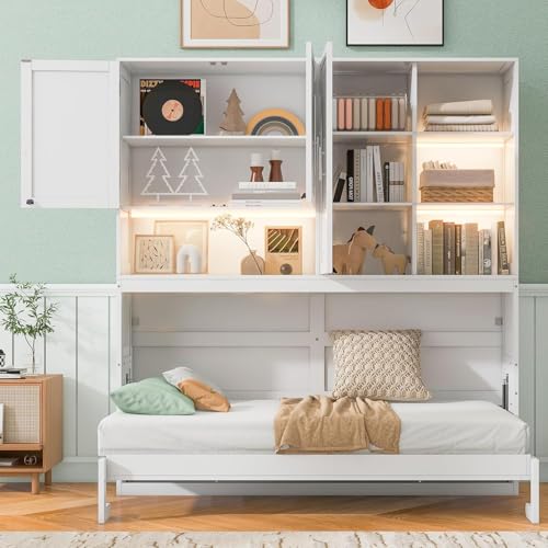MERITLINE Twin Horizontal Murphy Bed with Storage Cabinet, LED Light and Charging Station,Wood Folding Murphy Wall Bed Cabinet with Bookcase and Shelves for Adult (White)
