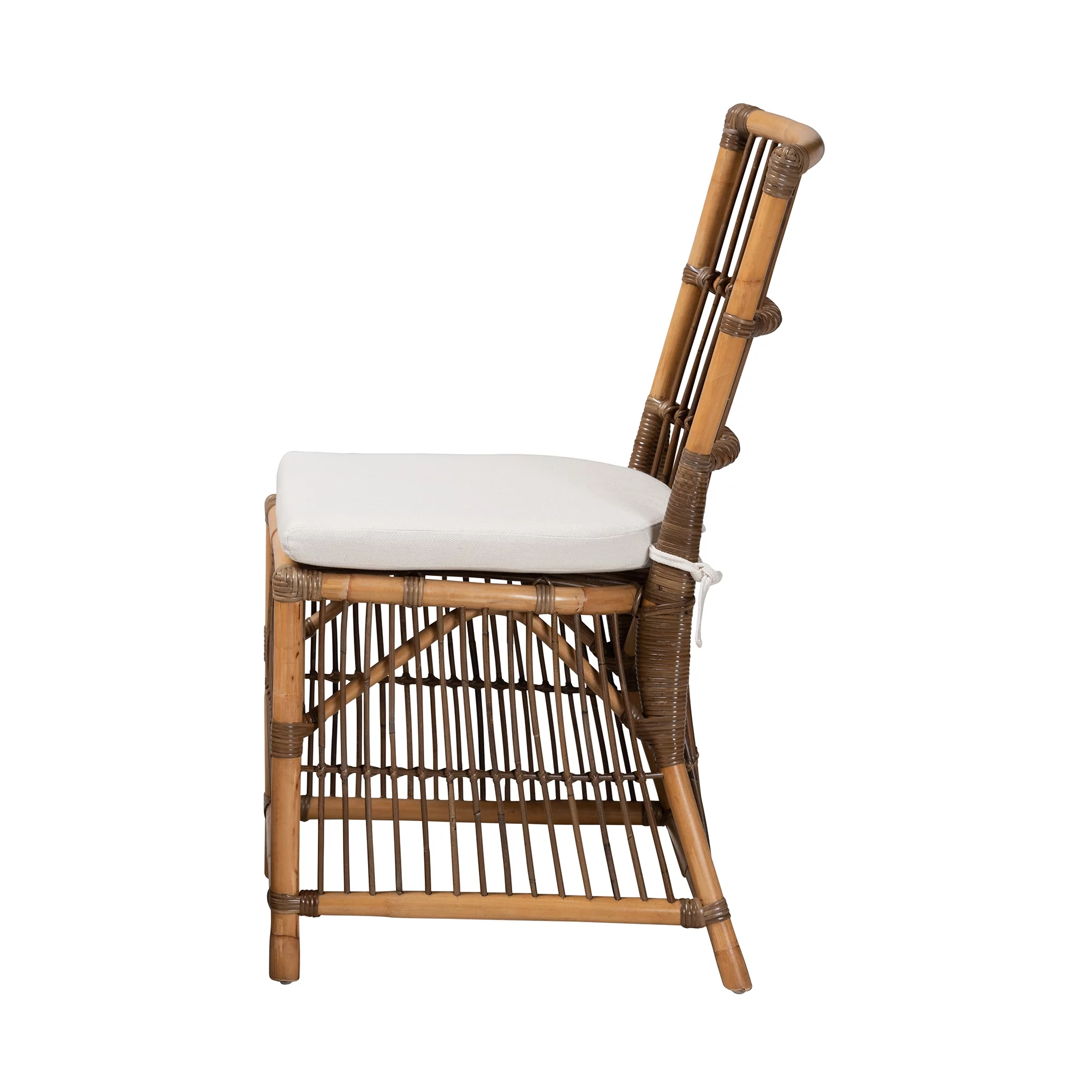 bali & pari Kim Modern Bohemian White Fabric and Natural Brown Rattan Dining Chair
