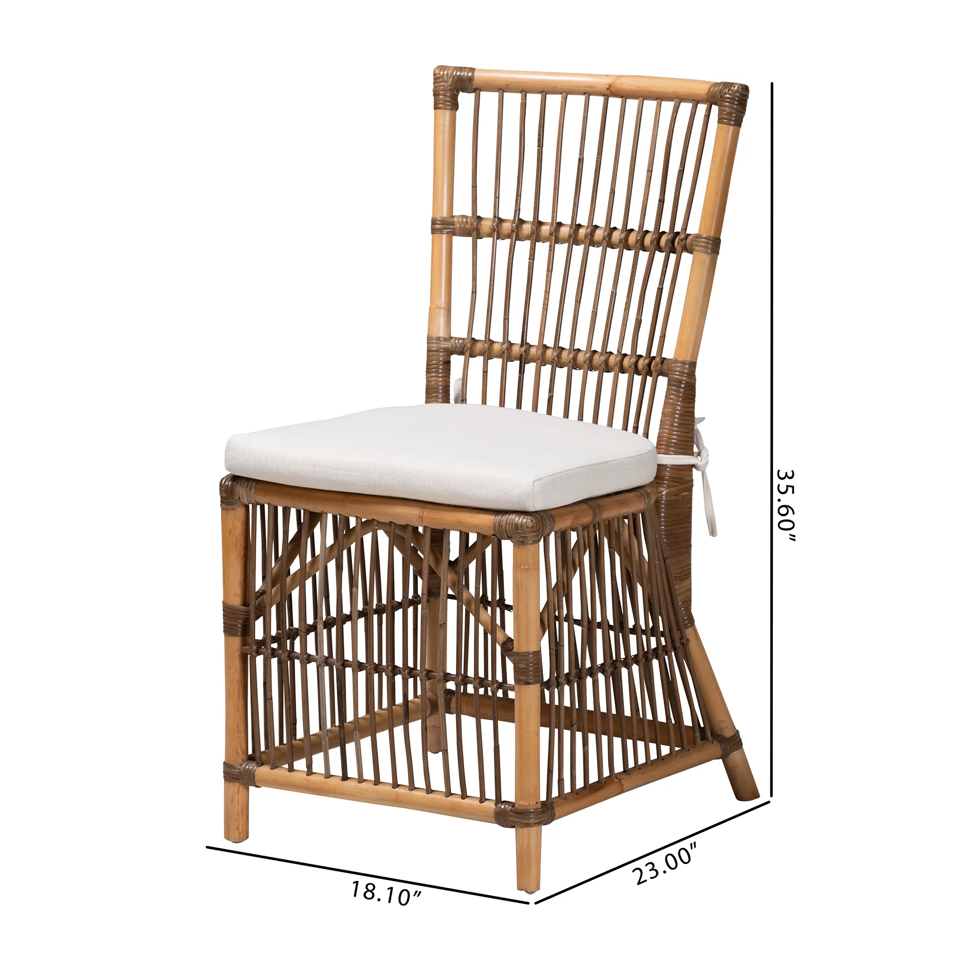 bali & pari Kim Modern Bohemian White Fabric and Natural Brown Rattan Dining Chair