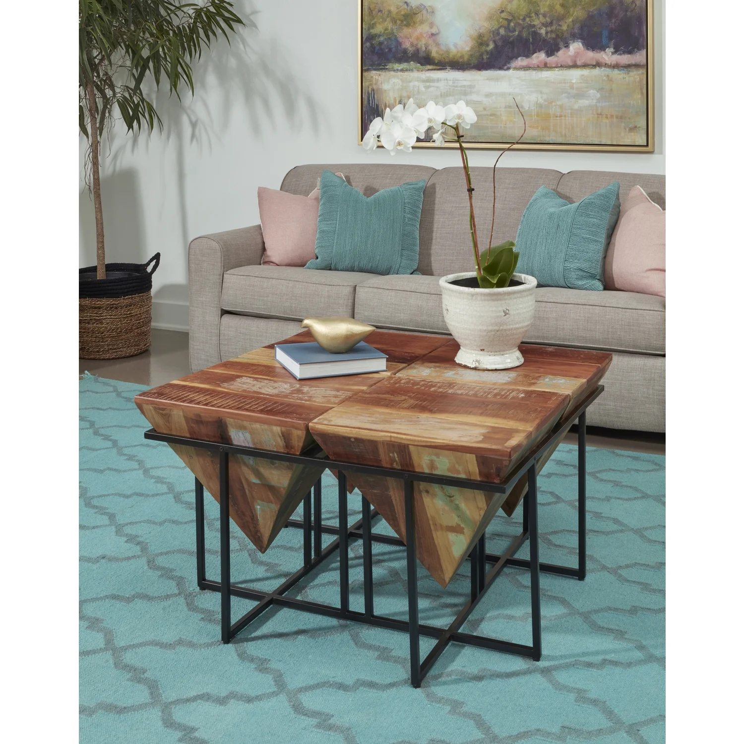 Coast to Coast Scarlett Midcentury Reclaimed Wood & Iron Square Pyramid Cocktail Table