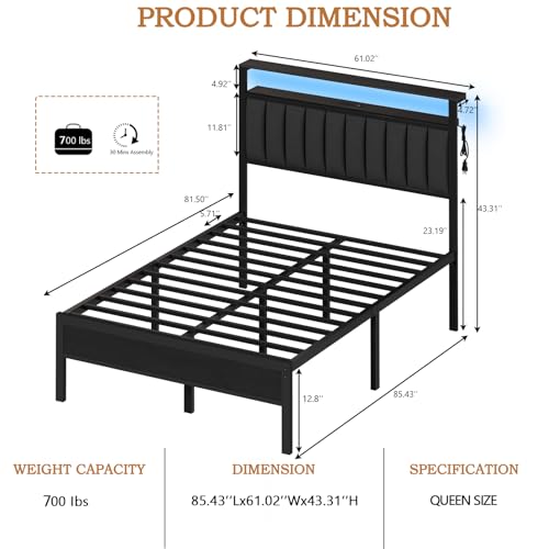 Furnulem Full Size Bed Frame with Charging Station and LED Lights, Platform Bed with Metal Slats, Grey Upholstered Headboard with 2-Tier Storage Shelves, No Box Spring Needed