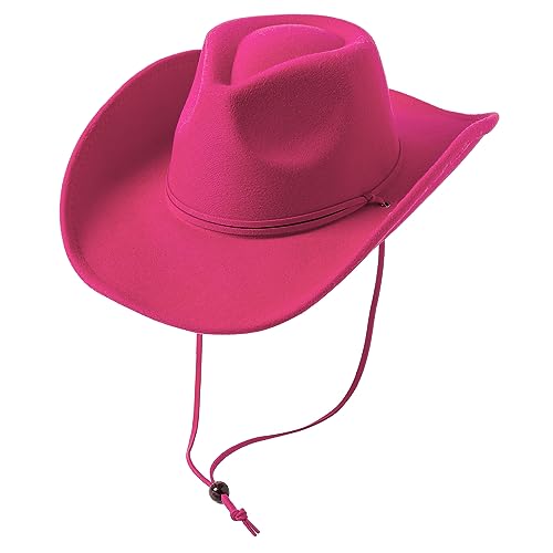 Lanzom Women Men Retro Felt Wide Brim Western Cowboy Cowgirl Hat Dress Up Hat with Wind Lanyard