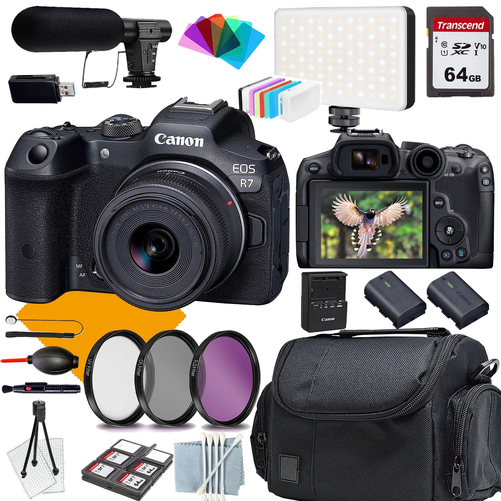 Canon EOS R7 with Canon RF 18-45mm + COMMANDER Starter Kit + Lens Filters + CASE + 64GB Memory Card+Extra Battery (18PC Bundle)