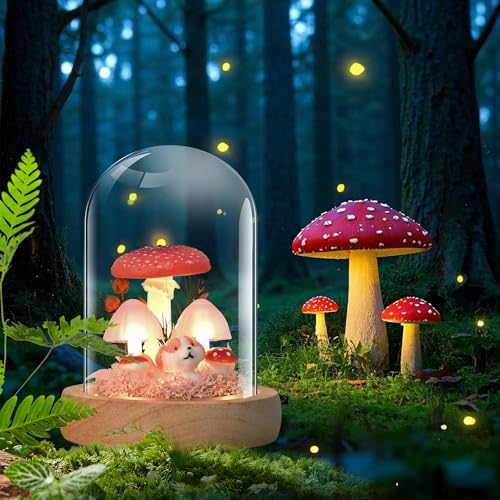 QUELIEN Mushroom Night Light in Glass Dome - Warm White LED Mushroom Lamp for Home Decor, Unique Housewarming Gifts for Women Mom, Bedroom Office Desk Decor（Red）