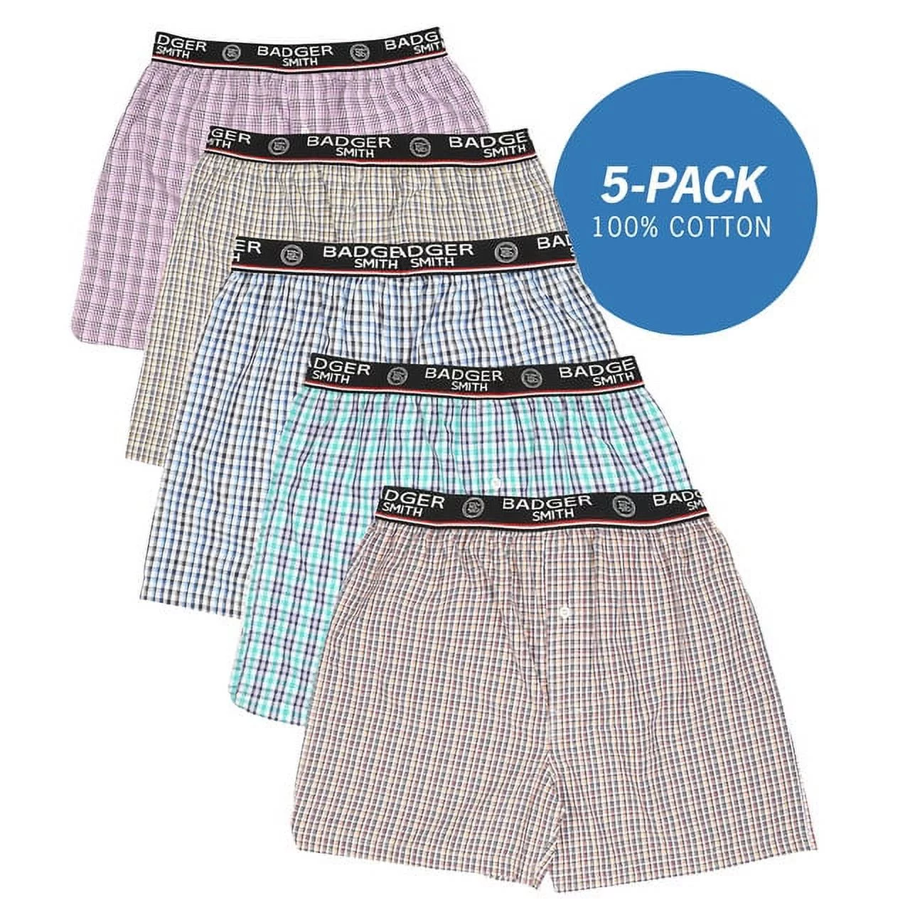 Badger Smith - Men's Boxer Shorts, Comfortable Cotton Boxers, 100% Cotton Checks Multicolor Boxers For Men, Multi Pack - Large