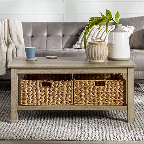 Walker Edison Coastal Black Living Room Coffee Table with Lower Shelf and Faux Rattan Wicker Baskets, 40 Inch