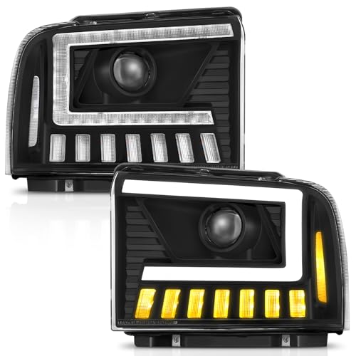 500% Brighter LED Projector Sequential LED DRL Headlight Assembly Fit for 2005-2007 2005 2006 2007 05 06 07 F250 F350 F450 F550 Super Duty/2005 Ford Excursion (Black Housing Clear Reflector)