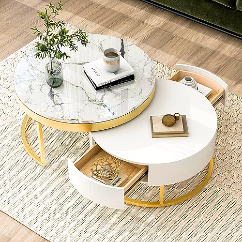 Modern Round Lift-top Nesting Coffee Tables with 2 Drawers for Living Room White & Natural