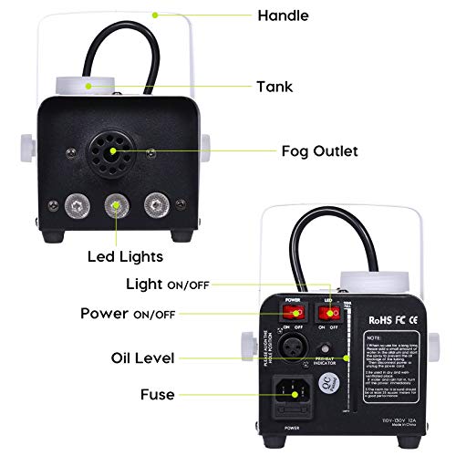 Fog Machine JDR Smoke Machine Controllable LED Light 500W and 2000CFM Fog Disinfection with Wireless and Wired Remote Control for Weddings, Halloween,Parties or Disinfection,with Fuse Protection