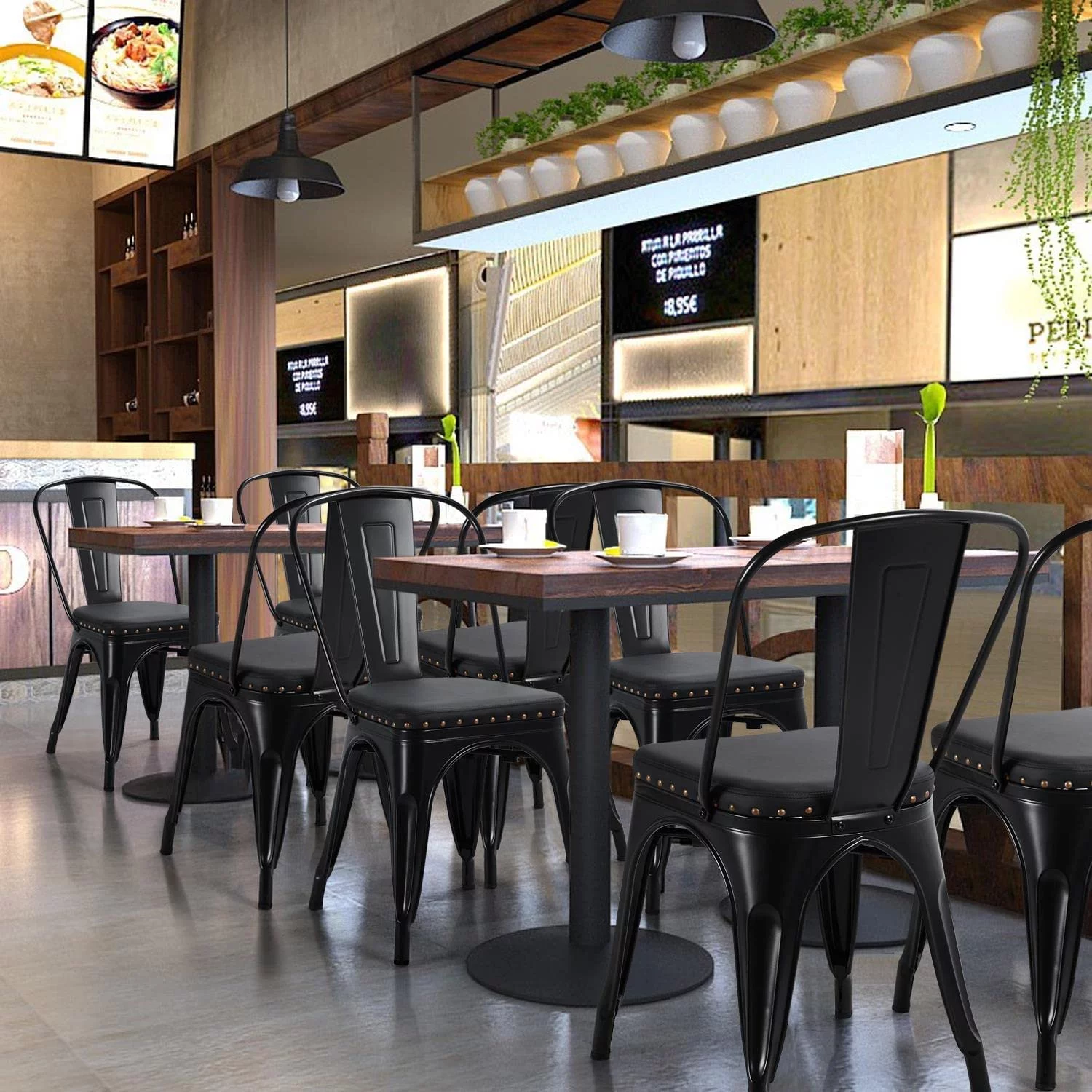 4pcs Metal Dining Chairs with PU Leather Seat High Back Soft Cushioned Industrial Classic Iron Chairs Chic Dining Bistro Cafe Coffee Chair 18 Inch Black