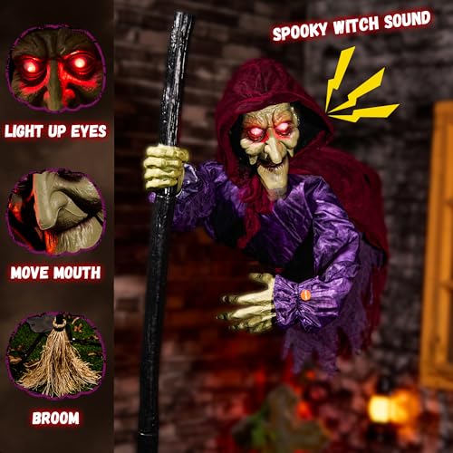 Halloween Animatronics Flying Witch Decorations, 6ft Animated Floating Witch with Sound Activated, Creepy Talking Sound, Mouth Move, Light Up Eyes, Haunted Decor Horror Prop for Outdoor, Yard Lawn
