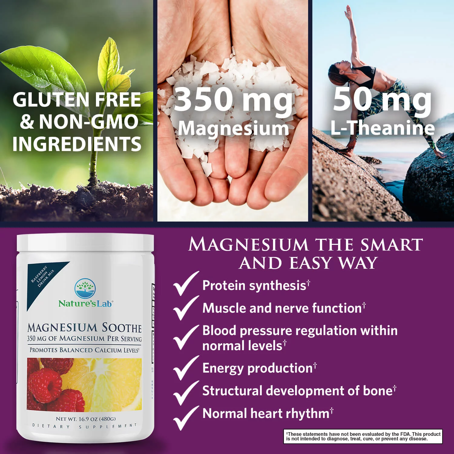 Nature's Lab Magnesium Soothe Powder 350mg - 16.9 oz (100 Servings) - Promotes Balanced Calcium Levels, Muscle & Nerve Function, Energy Production, and Overall Cardiovascular Health*