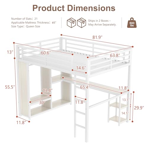 Queen Heavy Duty Metal Loft Bed with L-Shaped Desk, Wardrobe & 5 Storage Shelves – Space-Saving Design for Kids, Teens, Adults – CPC Certified, 500LBS Capacity, Easy Assembly (Queen)