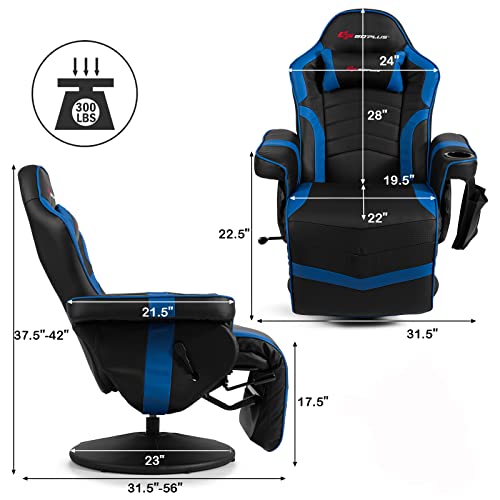 Gaming Recliner Adjustable Massage Gaming Chair with Cup Holder Footrest Ergonomic Single Sofa Living Room Home Theater Seating with Side Pouch, Blue