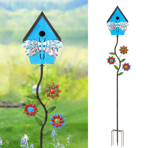 51” Bird Houses Stake for Outside, Metal Wild Bird Feeder Birdhouse Stake Pole with Hummingbird Design Outdoor Decorations for Patio, Backyard, Garden
